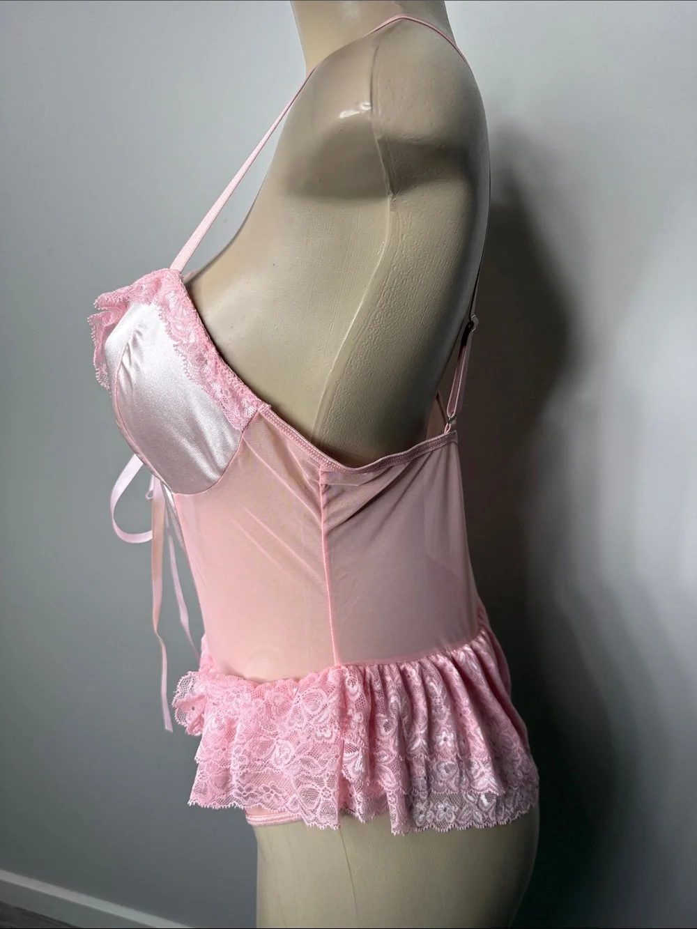 Delicate Pink Satin & Lace Teddy Bodysuit